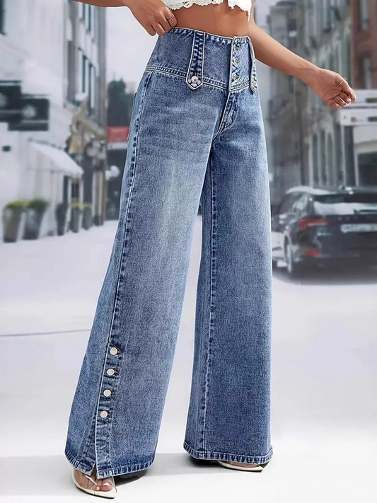 High Waist Button Decor Wide Leg Jeans