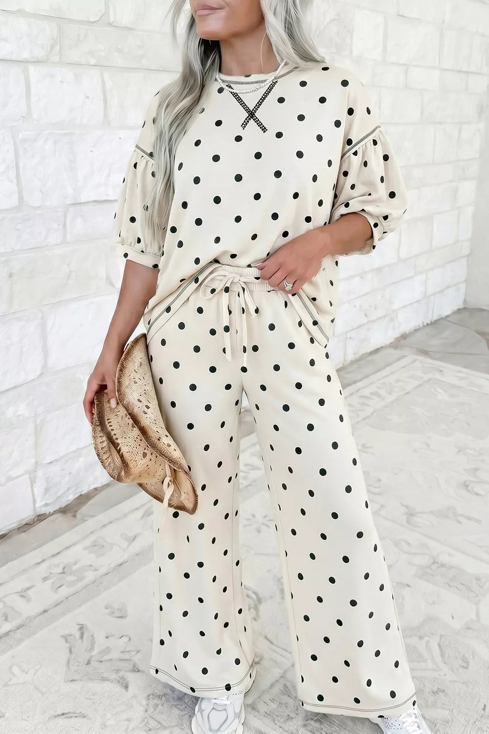 Polka Dot Half Sleeve Top and Pants Set