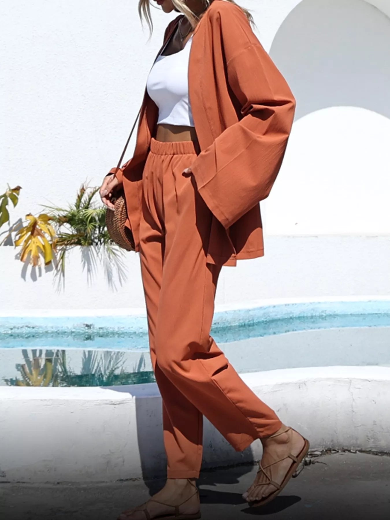 Open-Front Cardigan and Wide Leg Pants Set