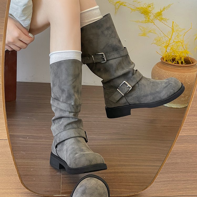 Distressed Slouchy Mid-Calf Boots | Buckle Strap Biker Booties | Y2K Retro