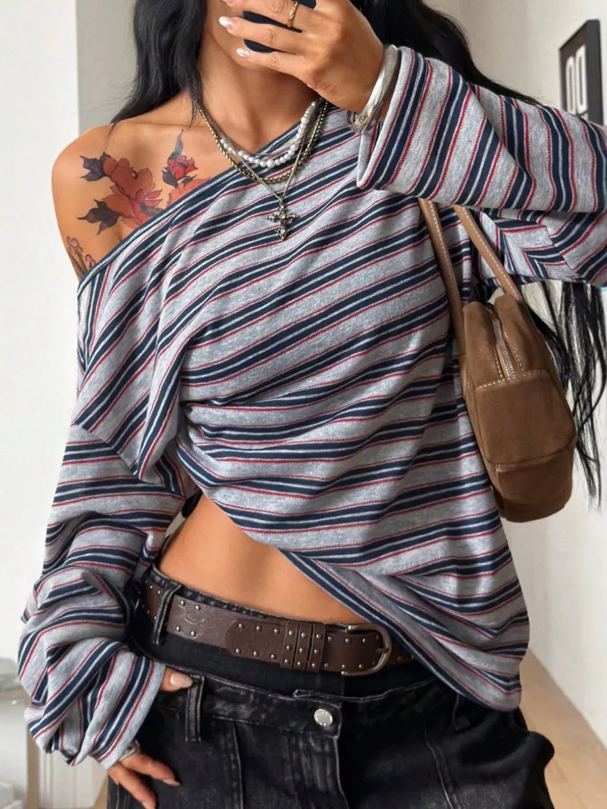 Off-Shoulder Striped Long Sleeve T-Shirt