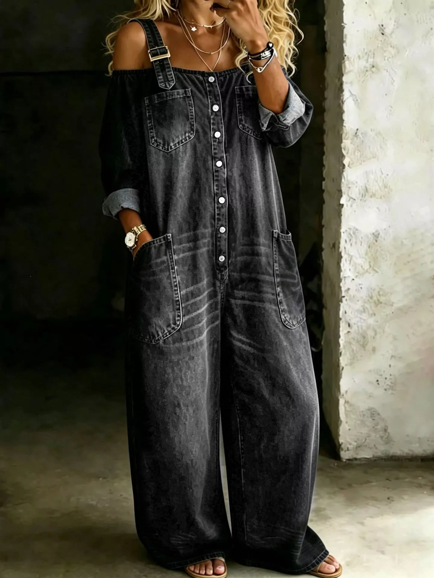 Full Size Button Front Wide-Leg Jumpsuit Plus Size