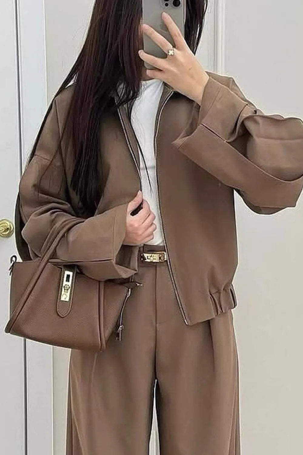 Zip-Up Jacket and Wide-Leg Pants Set