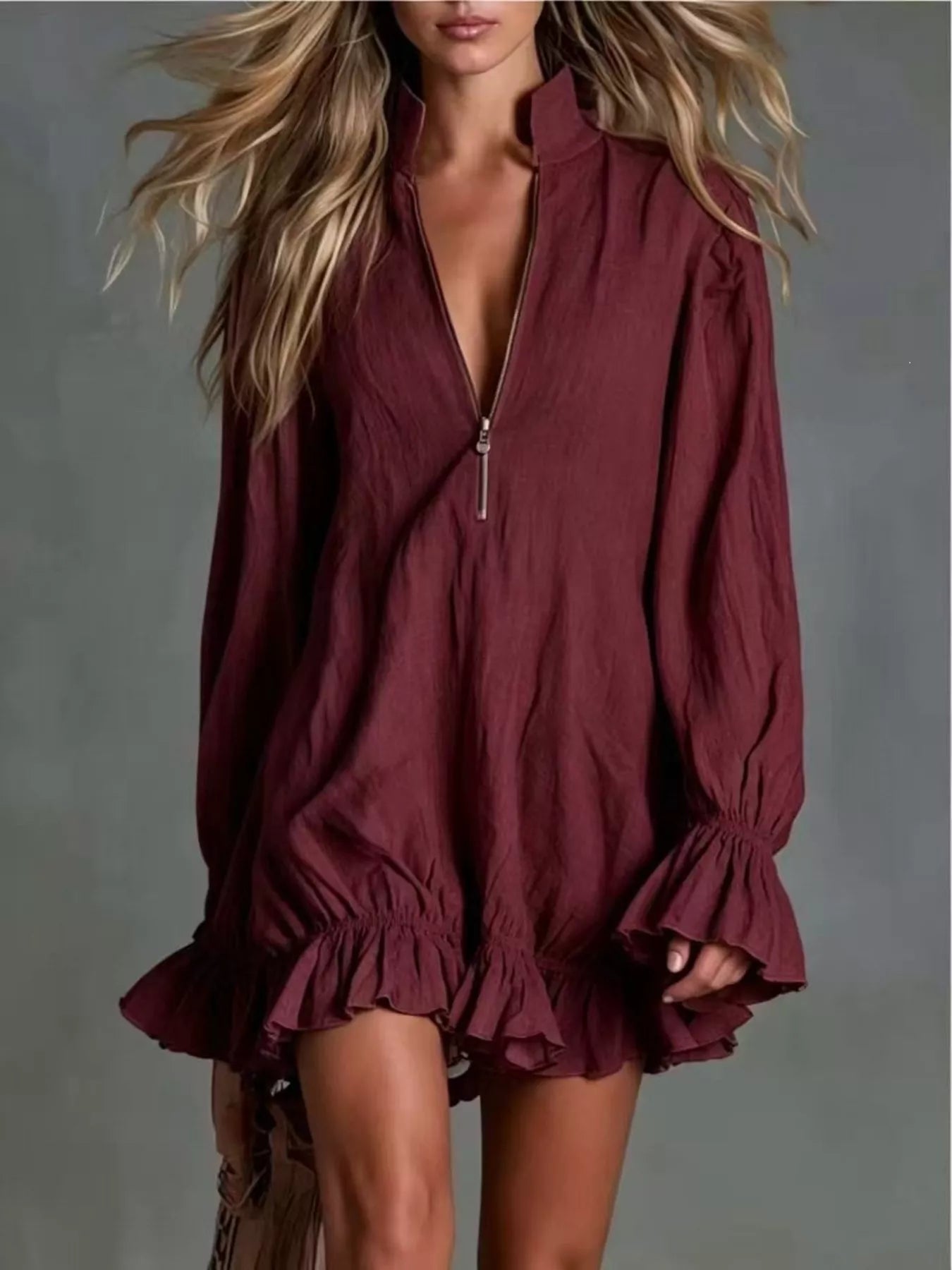 Zipper Front Ruffle Hem Flounce Sleeve Mini Dress