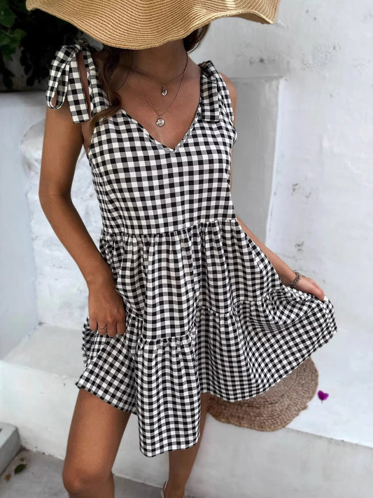 Gingham Tie-Shoulder Tiered Mini Dress