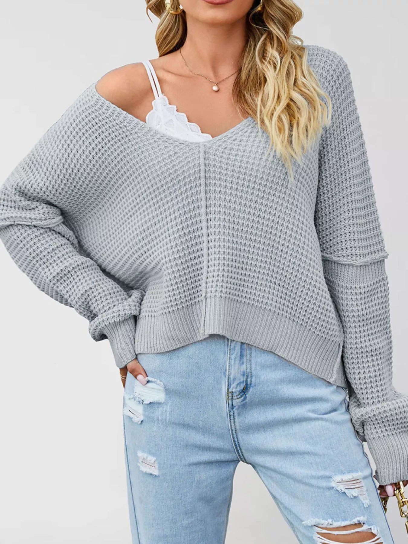Waffle Knit Dropped Shoulder Sweater