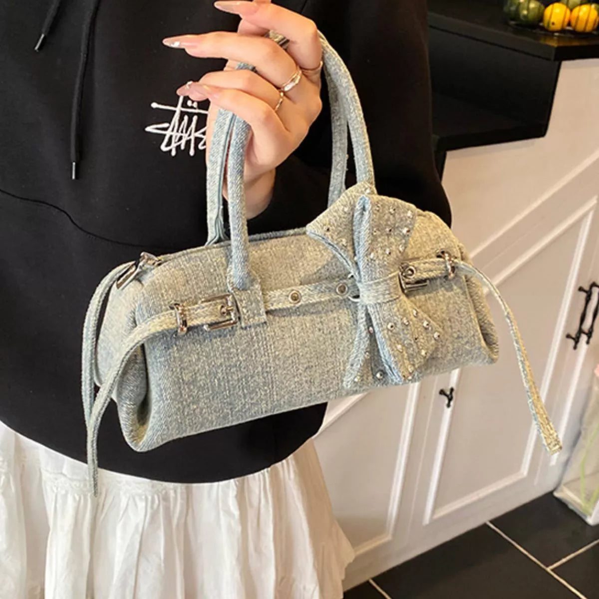 Denim Bow Accent Crossbody Bag