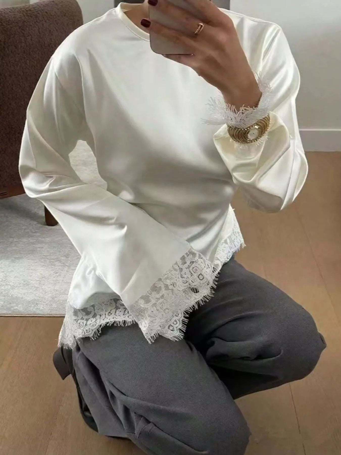 Satin Lace Trim Flare Sleeve Blouse