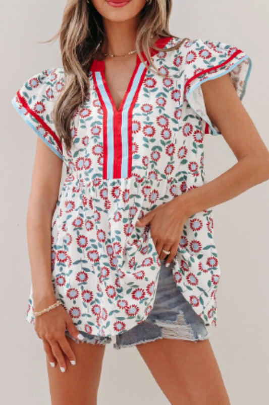 Floral Print Ruffle Sleeve Blouse