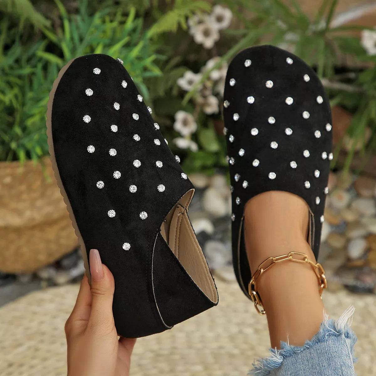 Rhinestone Round Toe Slip-Ons