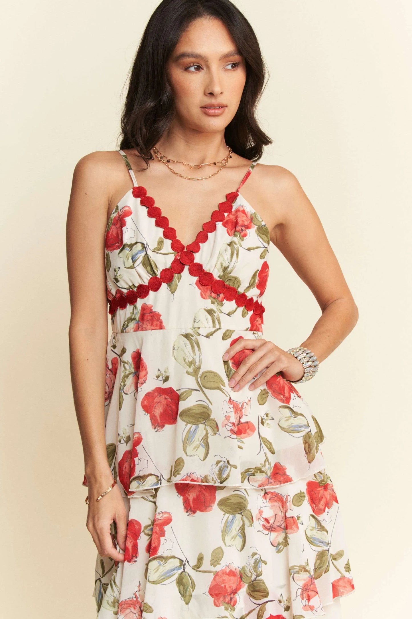 Davi & Dani Contrast Ring Lace Layered Ruffle Maxi Cami Dress