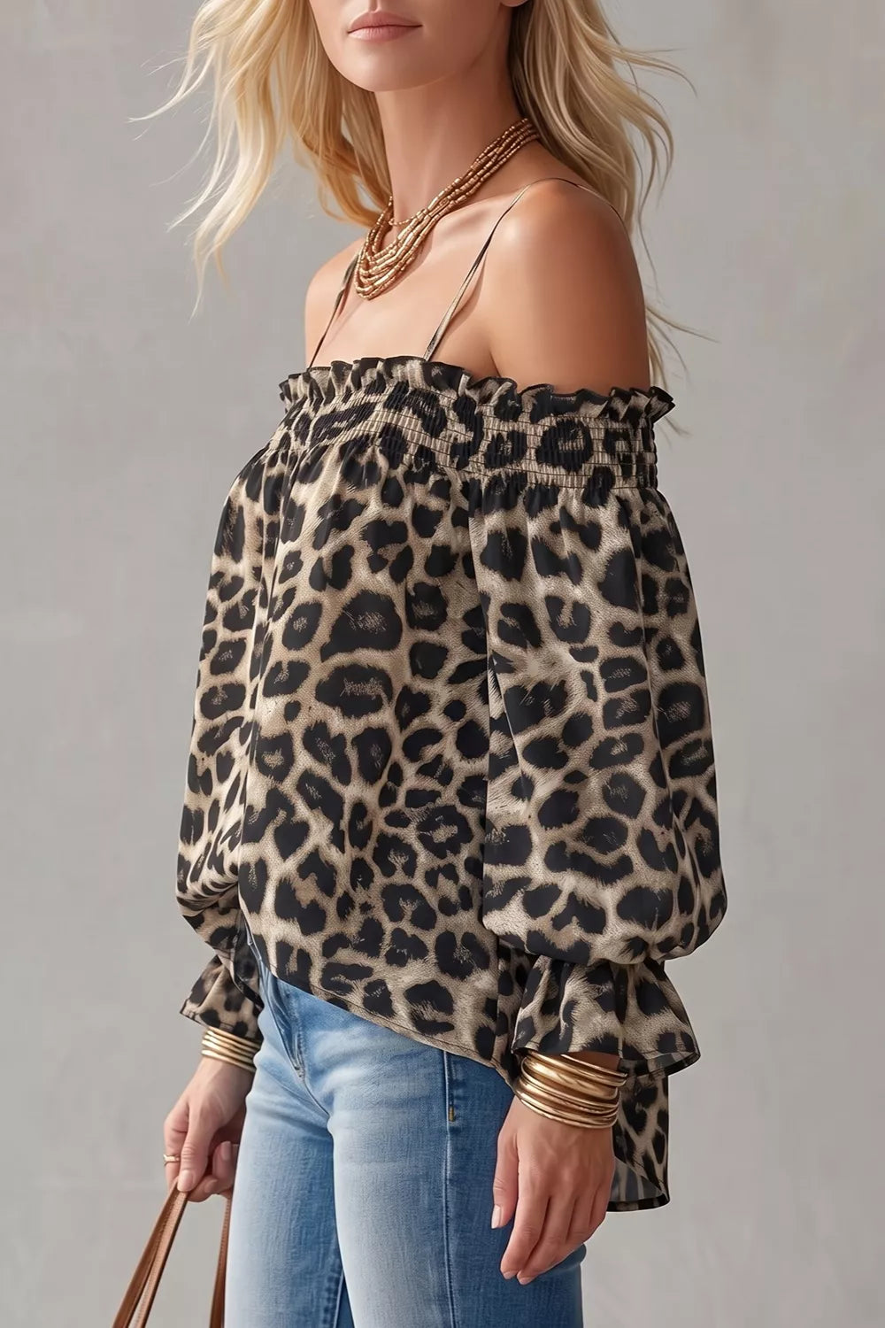 Spaghetti Strap Leopard Long Sleeve Blouse