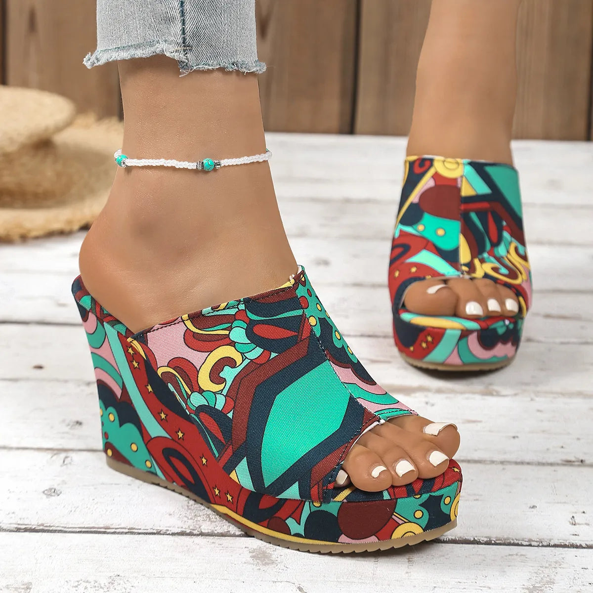 Printed Open Toe Wedge Sandals