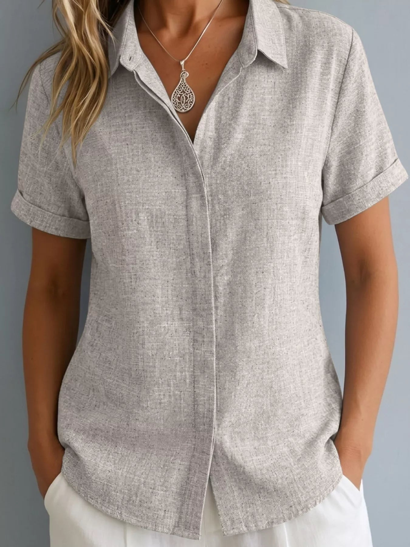 Full Size Collared Neck Short Sleeve Shirt Plus Size