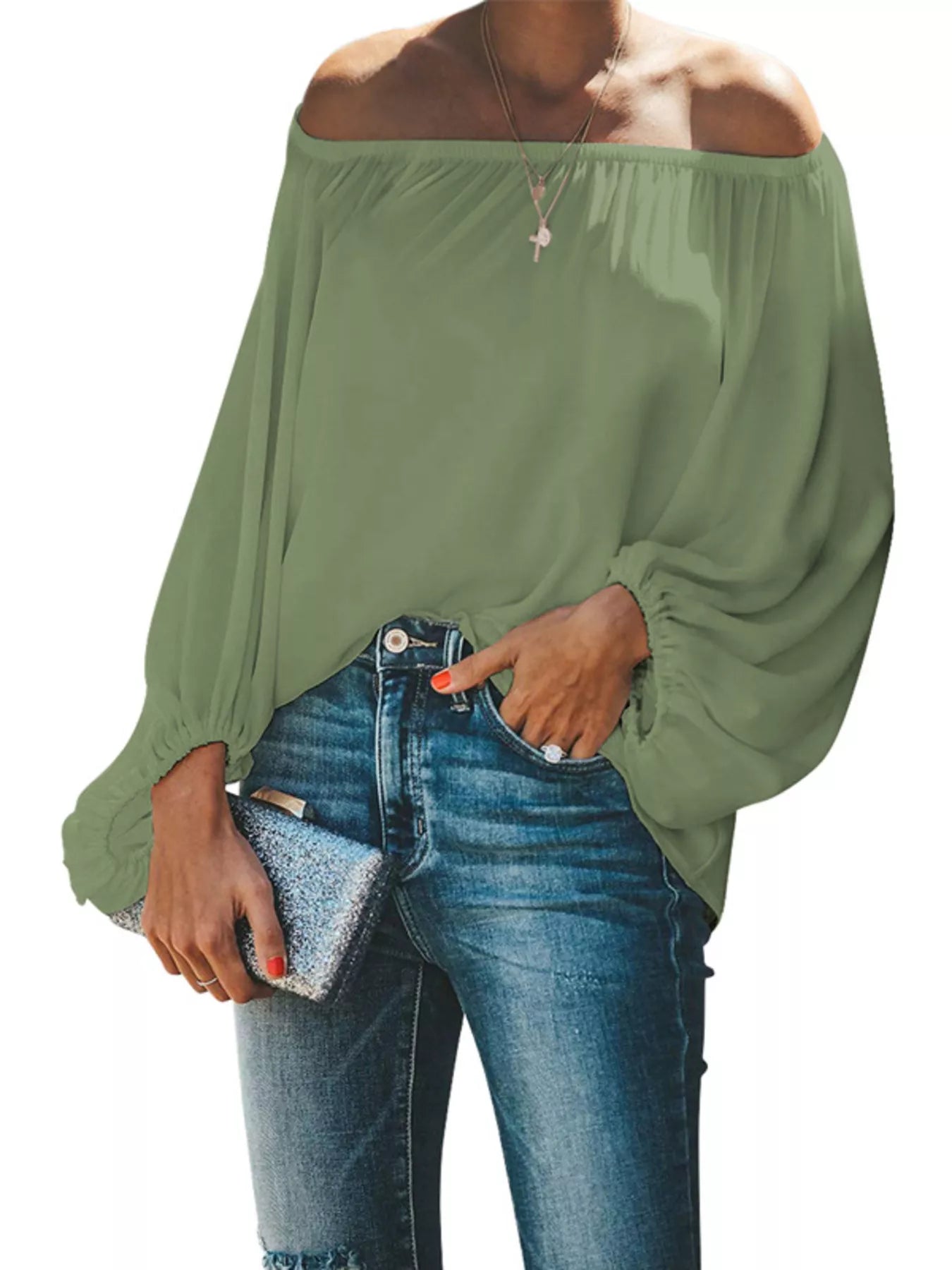 Full Size Off-Shoulder Balloon Sleeve Blouse Plus Size