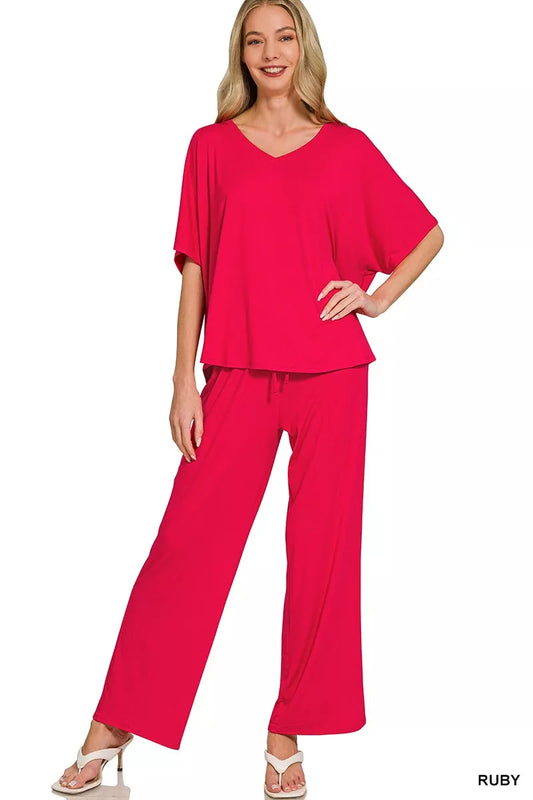 Zenana V-neck Oversized Top & Pants Set