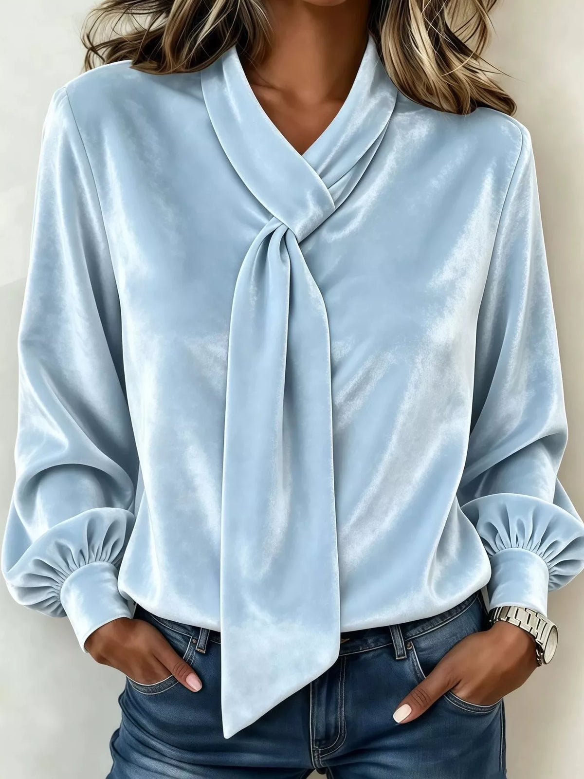 Full Size Velvet Tie-Neck Long Sleeve Top Plus Size