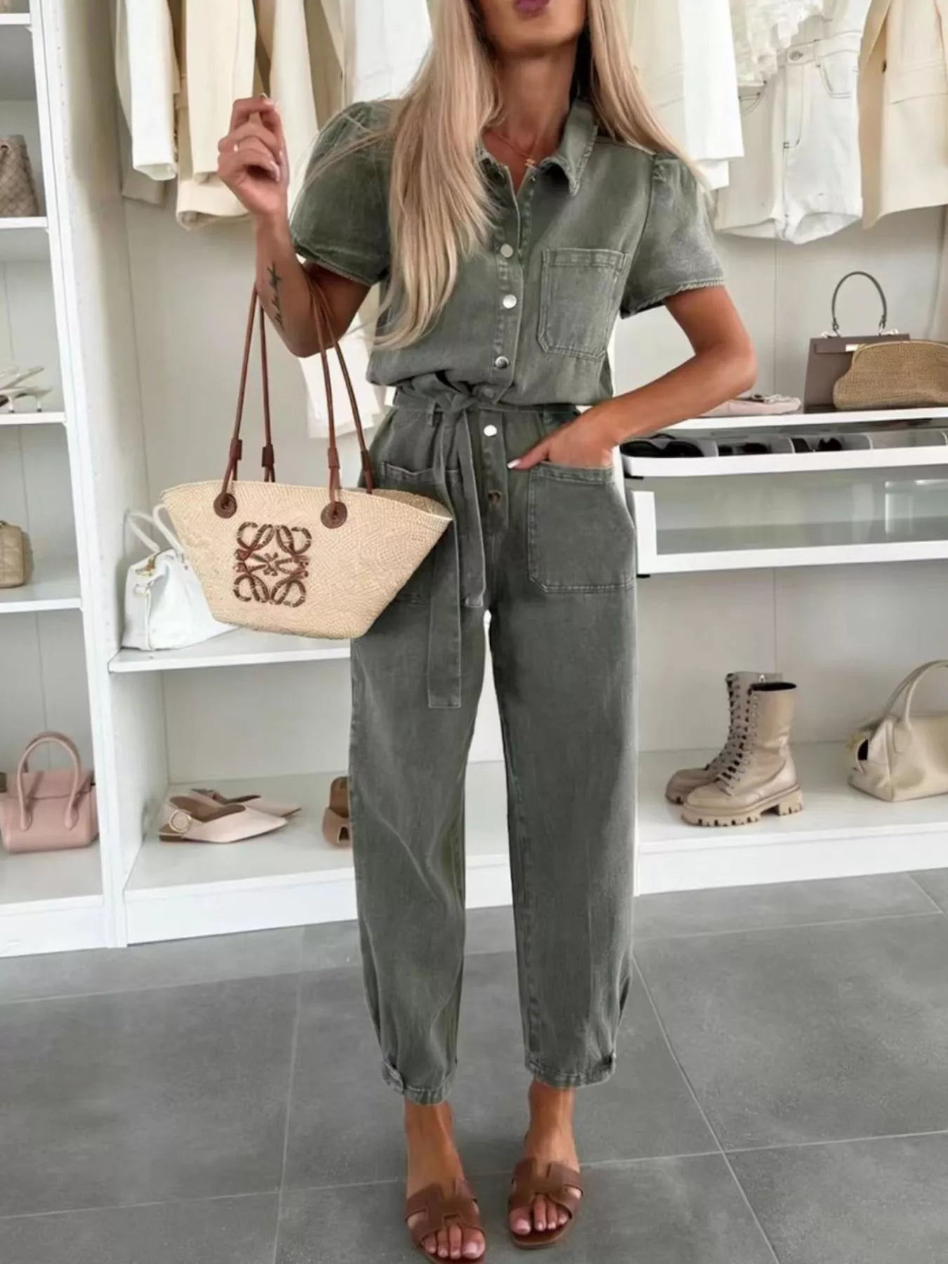 Vintage Wash Short Sleeve Denim Jumpsuit