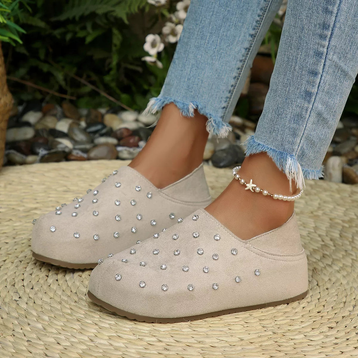 Rhinestone Round Toe Slip-Ons