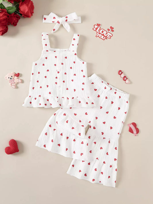 Children's Heart Print Top and Flare Pants with Headband