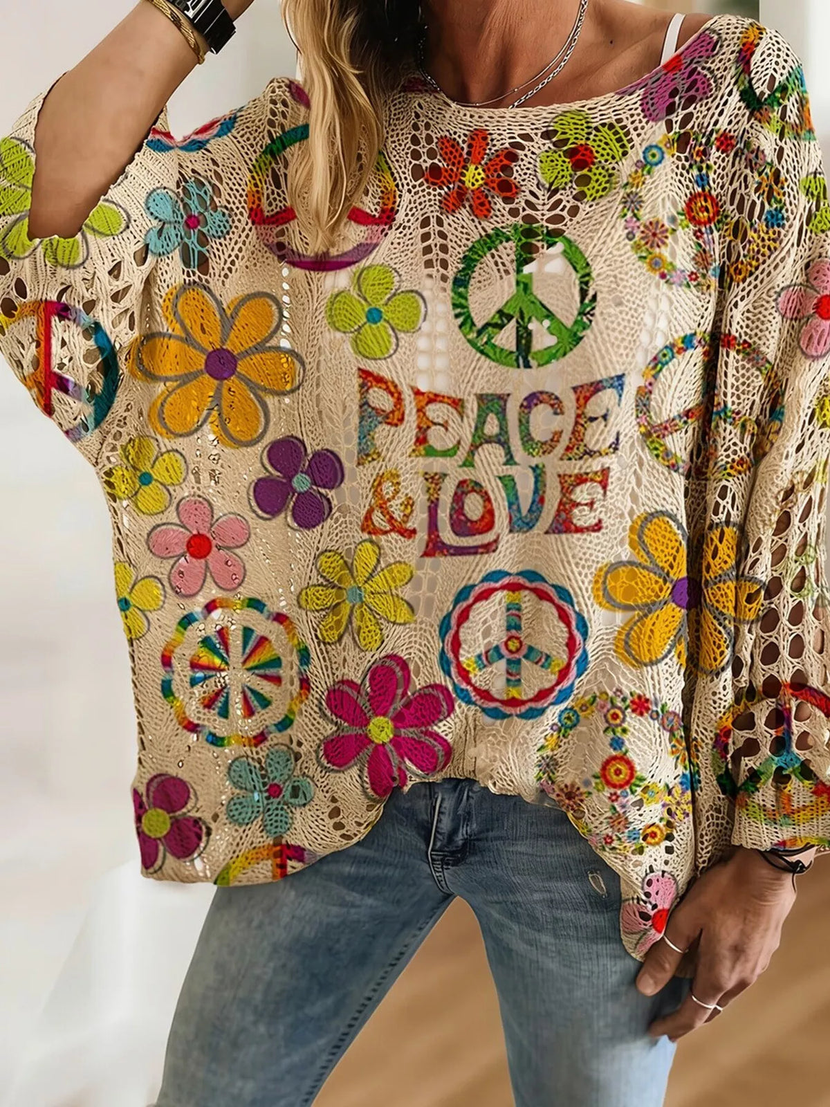 Boho Chic Peace & Love Print Crochet Knit Top