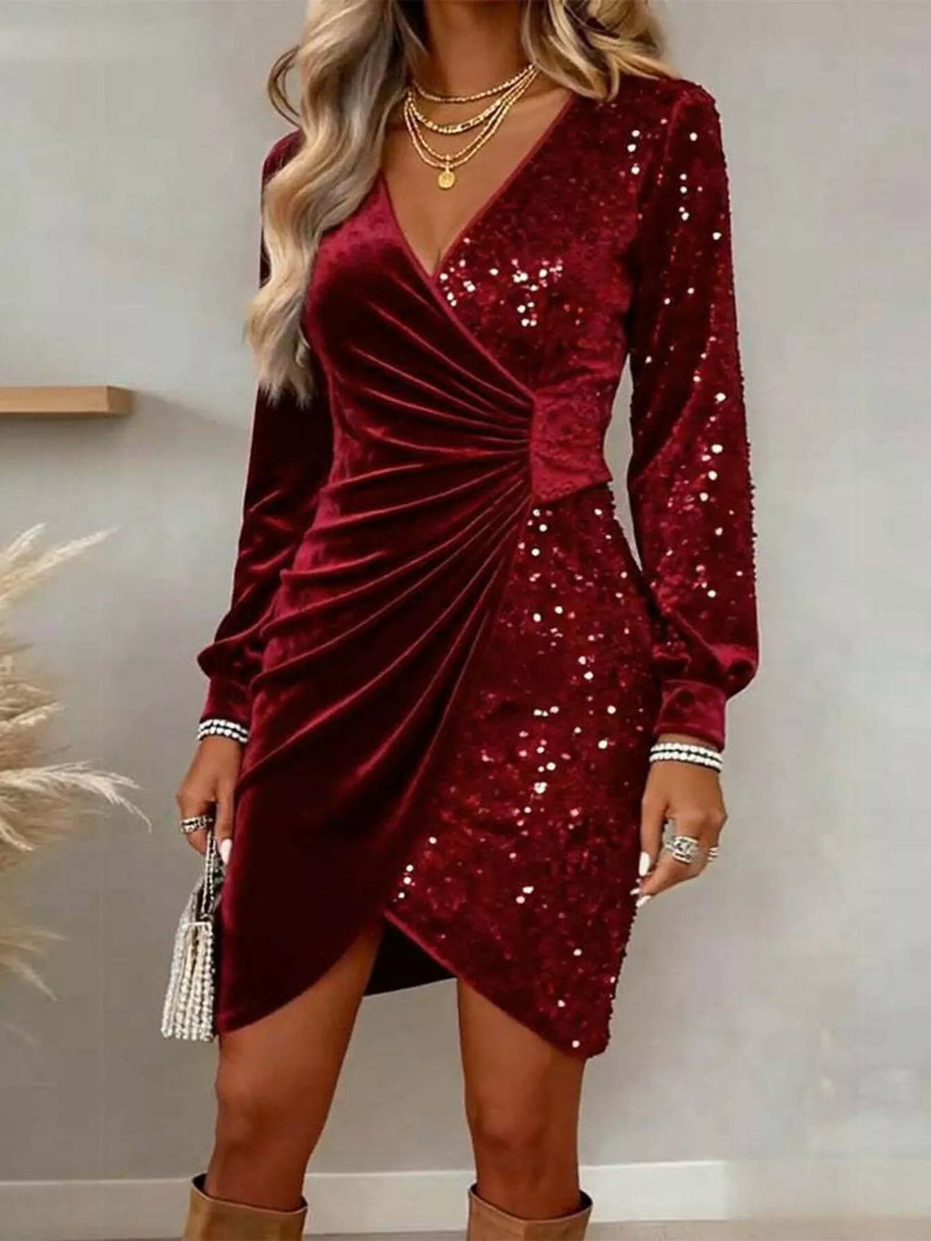Velvet Sequin Long Sleeve Wrap Dress
