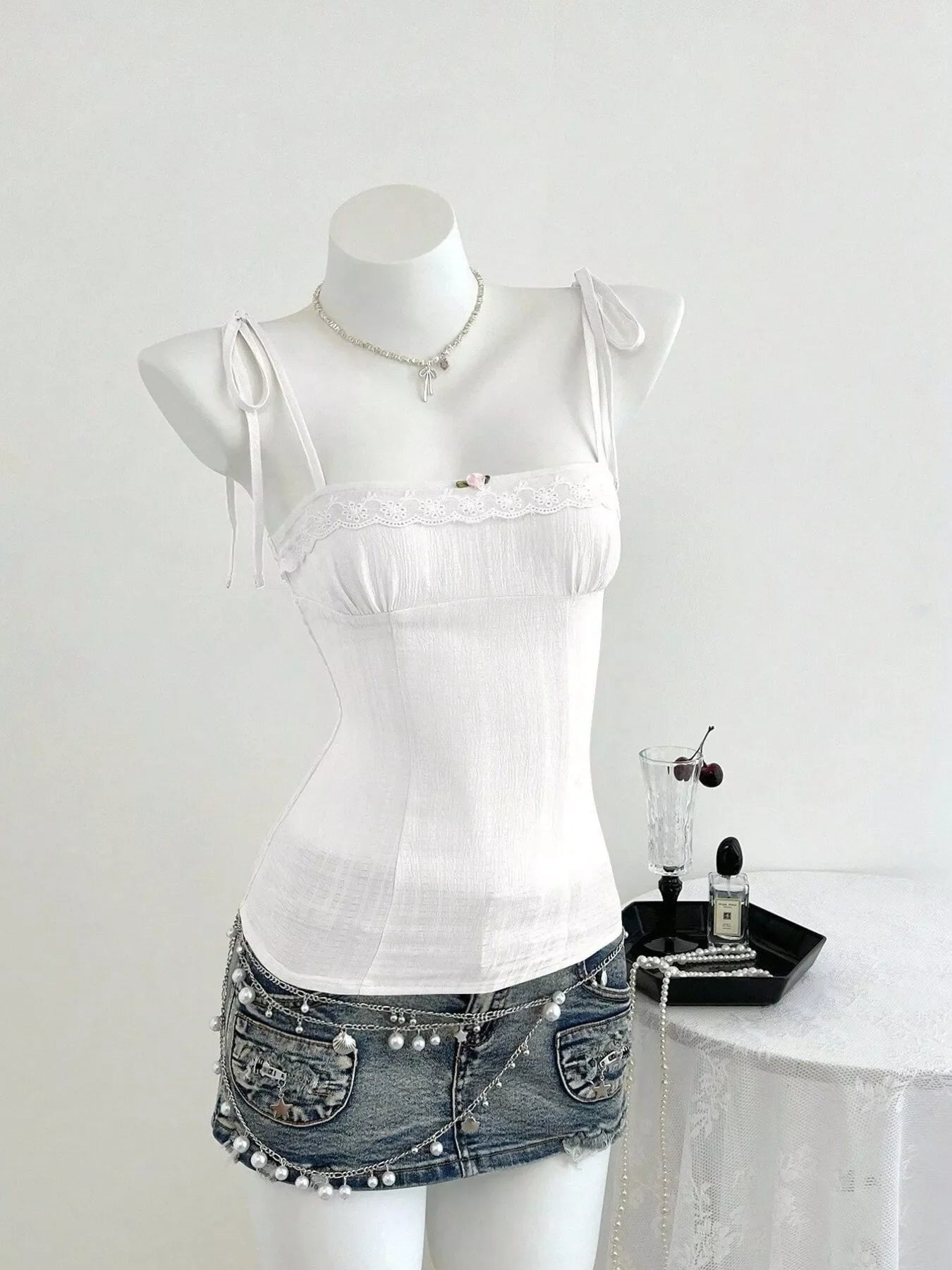 Lace-Trimmed Tie Shoulder Cami