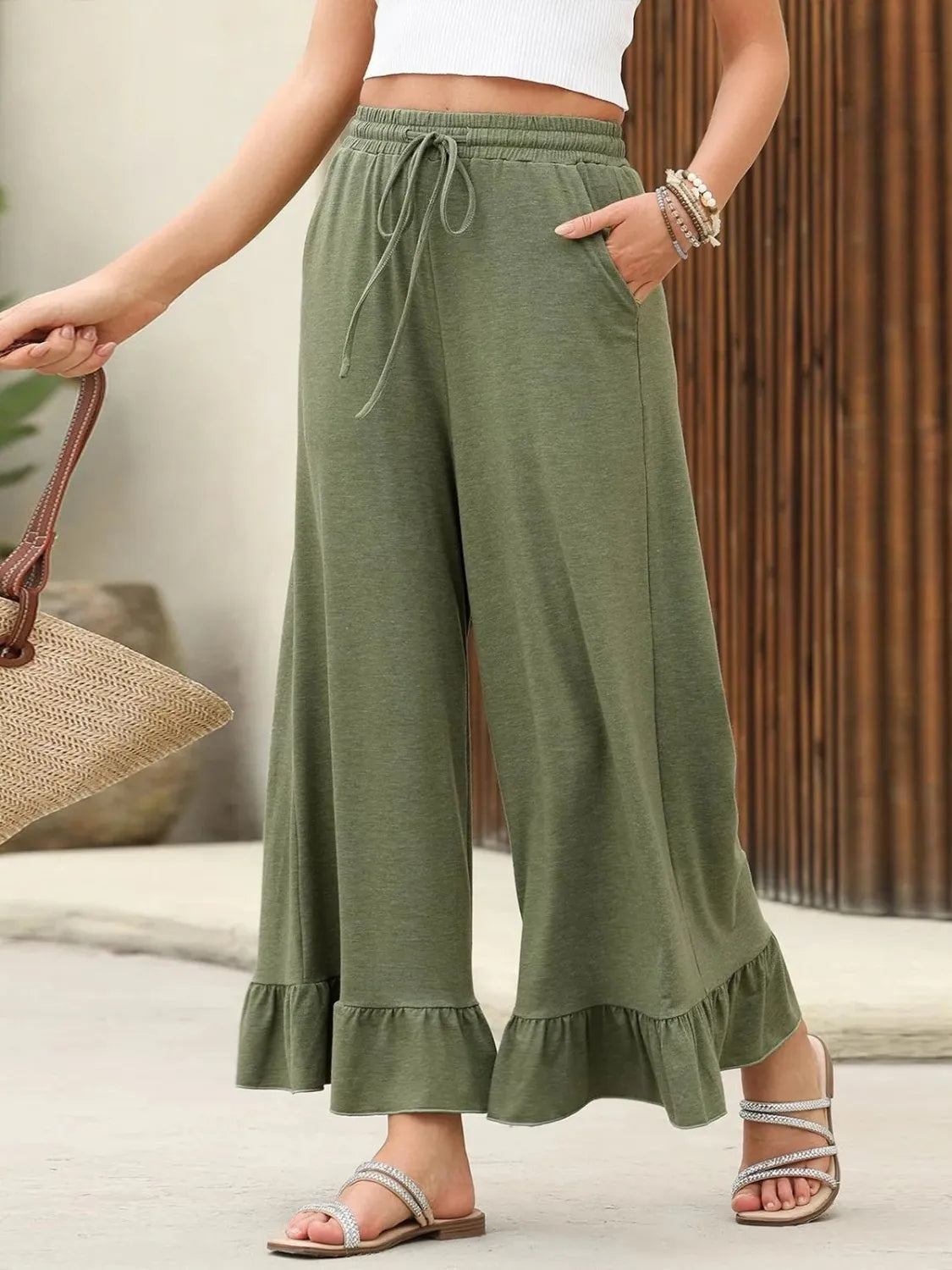 Ruffled Hem Wide Leg Pants