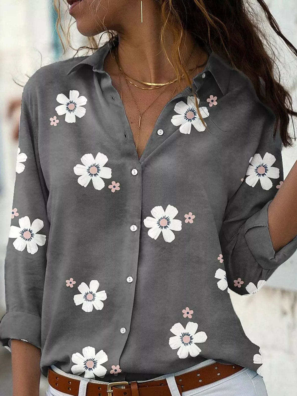 Full Size Floral Print Button-Down Casual Shirt Plus Size