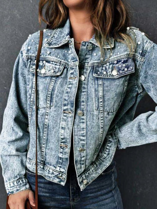 Full Size Pearl Detail Button Up Long Sleeve Denim Jacket Plus Size
