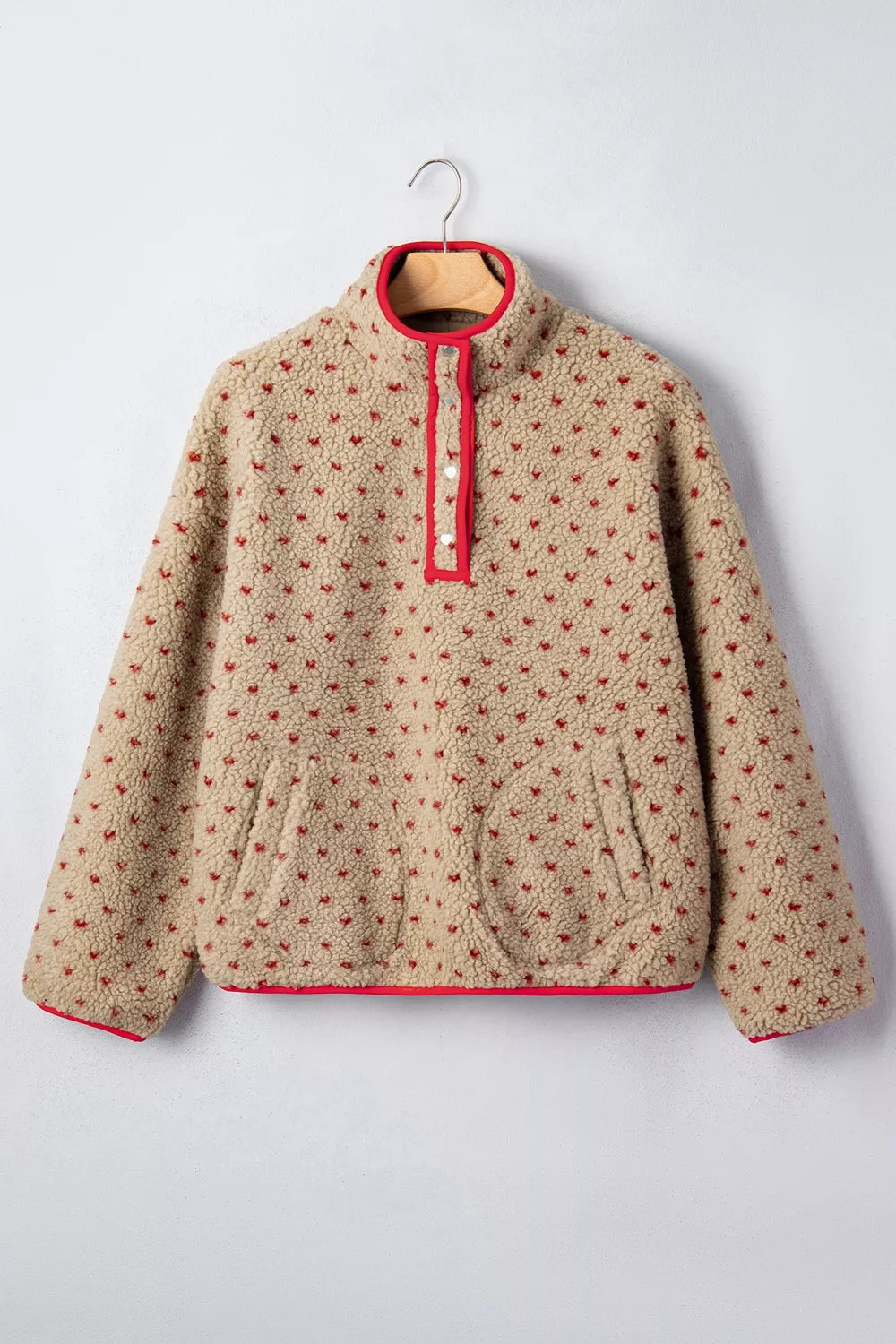 Heart Pattern Fleece Colorblock Collar Long Sleeve Sweatshirt