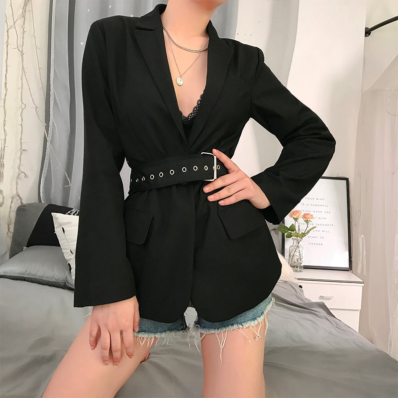 Black Long Blazer With Sashes Autumn Coat (See size chart where applicable)