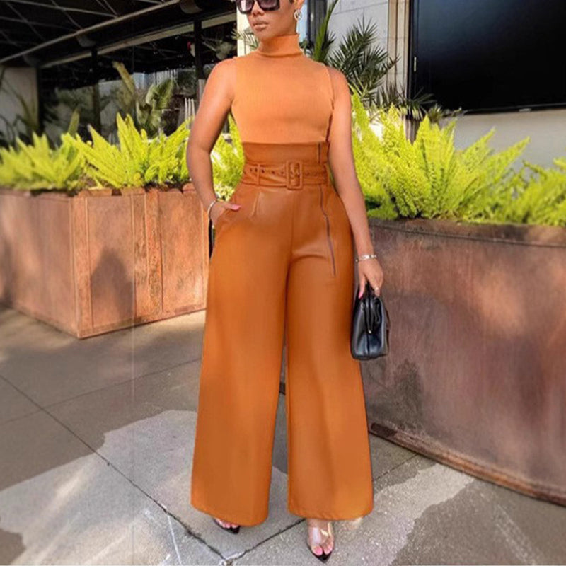 Women's Fashion High-Waisted PU Wide-Leg Pants, Solid Color Metal Belt Detail Trousers With Pockets (See size chart where applicable)
