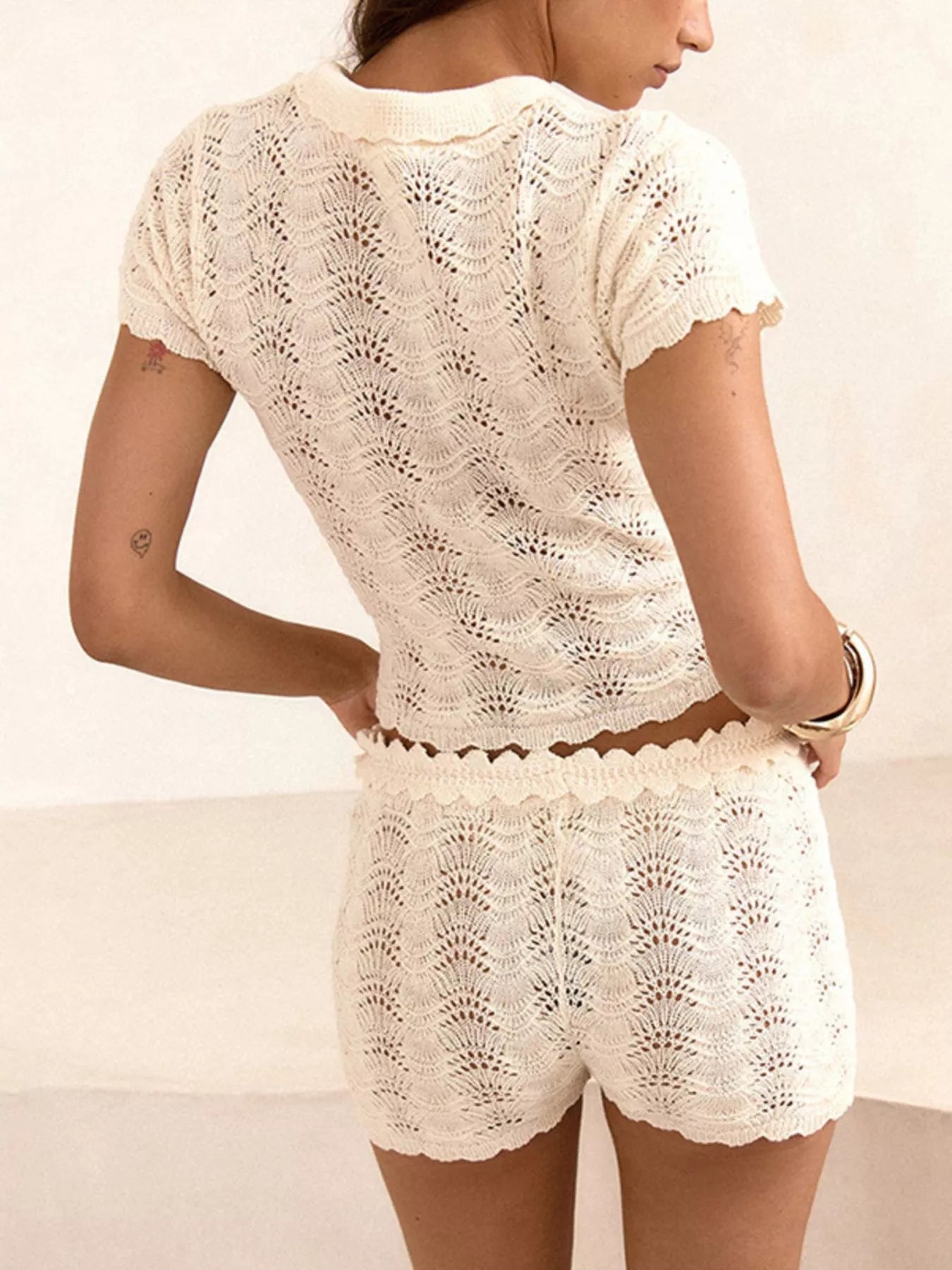 Openwork Crochet Knit Polo Top and Shorts Set
