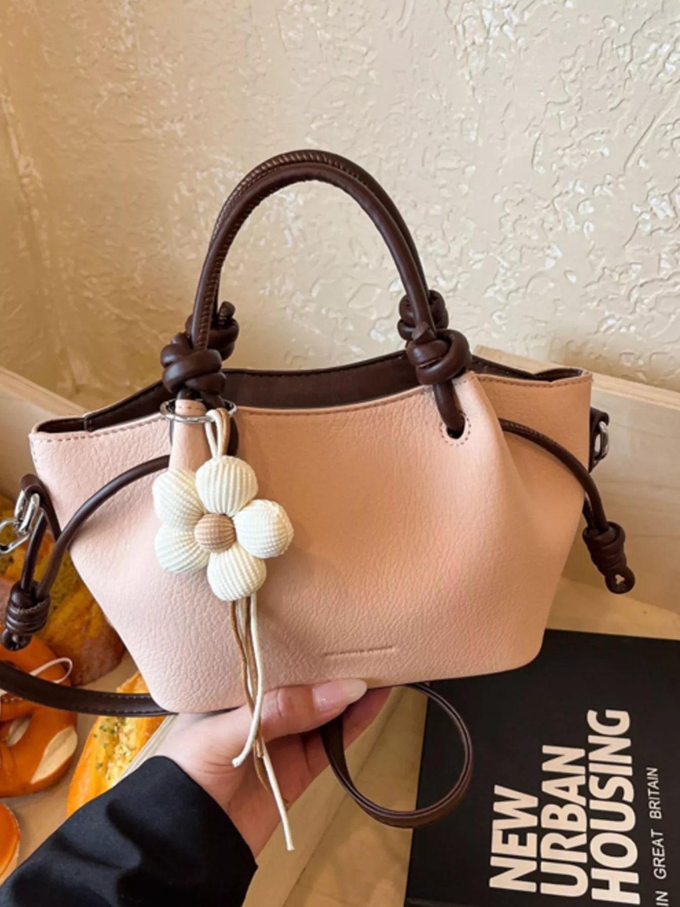 Leather Crossbody Bag with Flower Charm