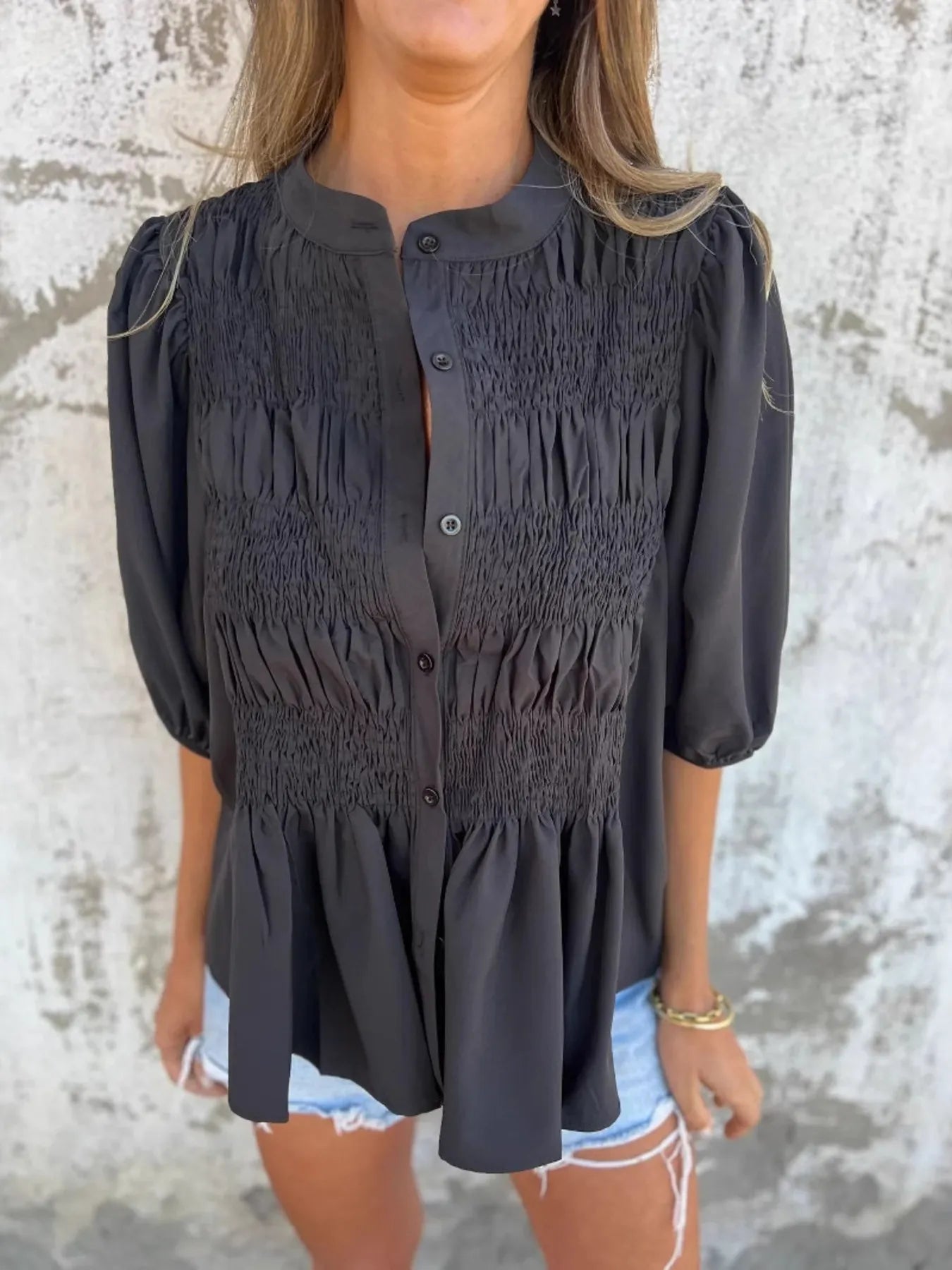 Full Size Smocked Button Front Puff Sleeve Shirt Plus Size