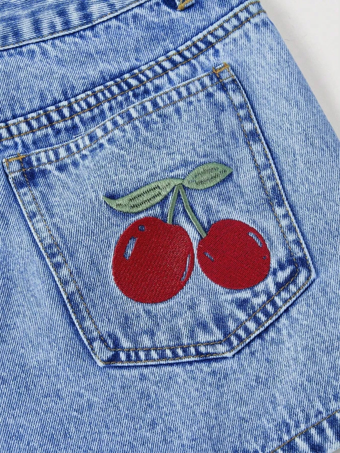 Cherry Embroidered Denim Shorts