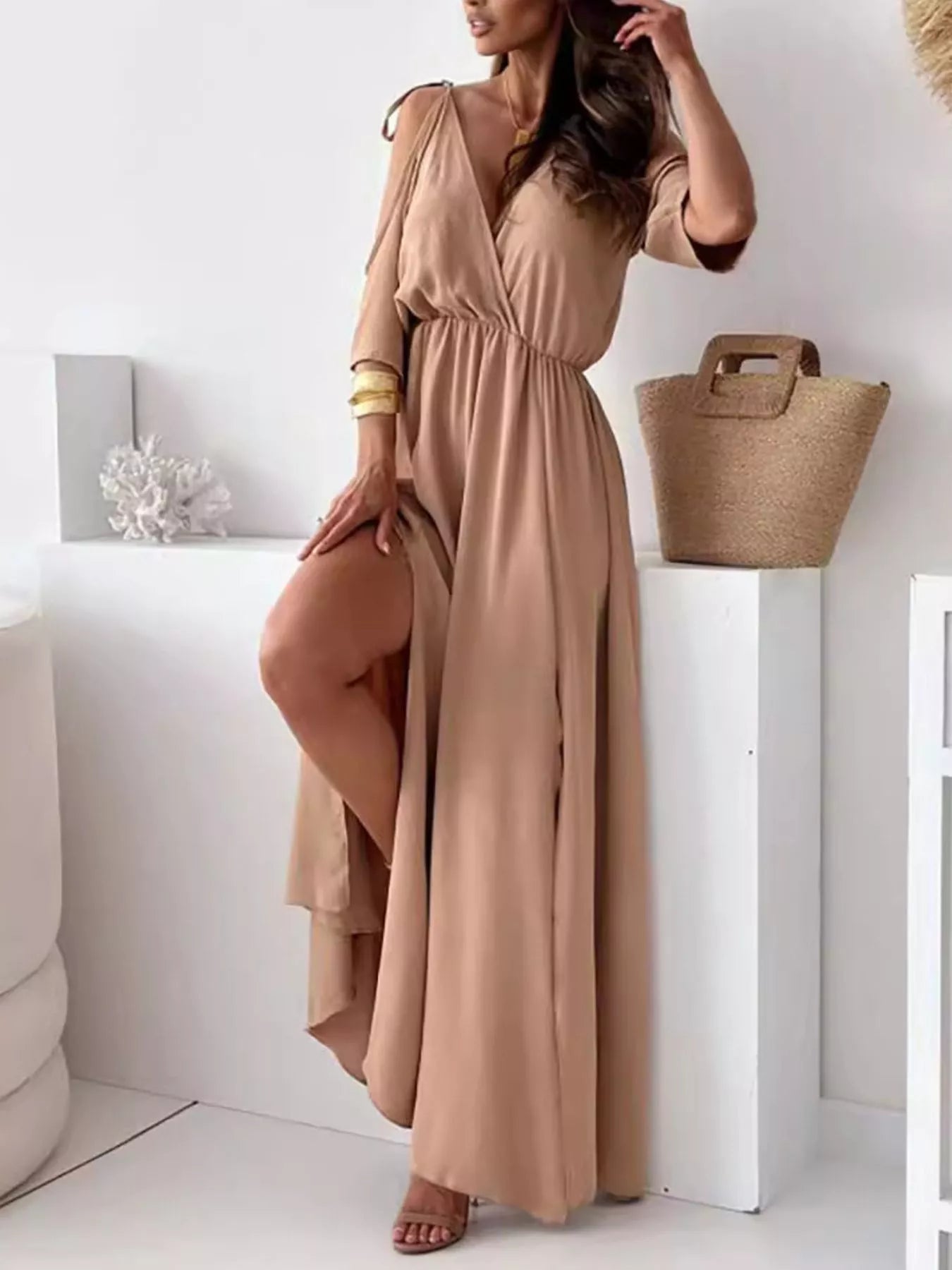 Slit Cold Shoulder Maxi Dress