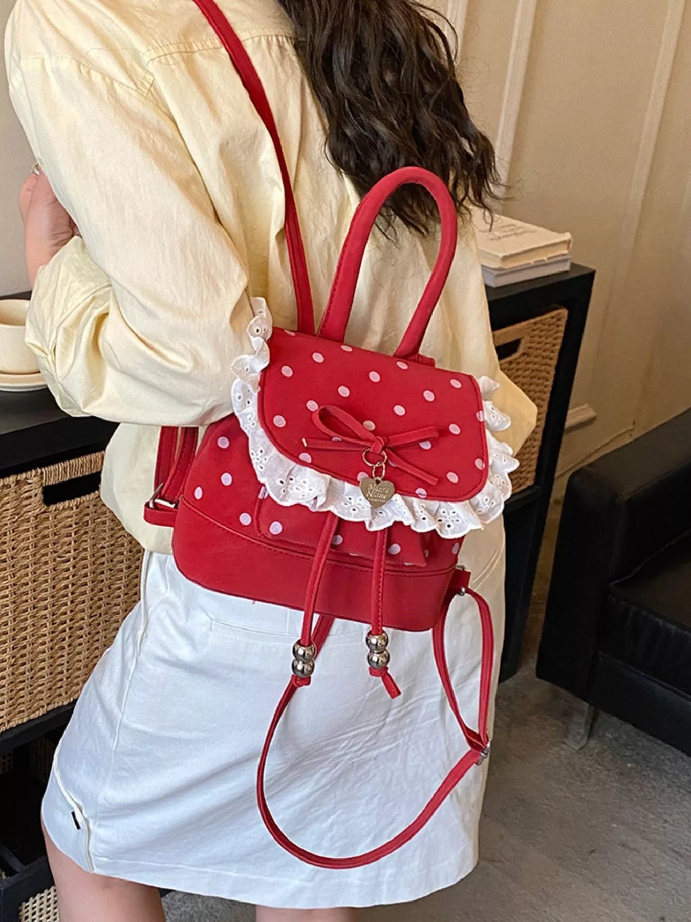 Polka Dot Lace Trim Backpack Bag