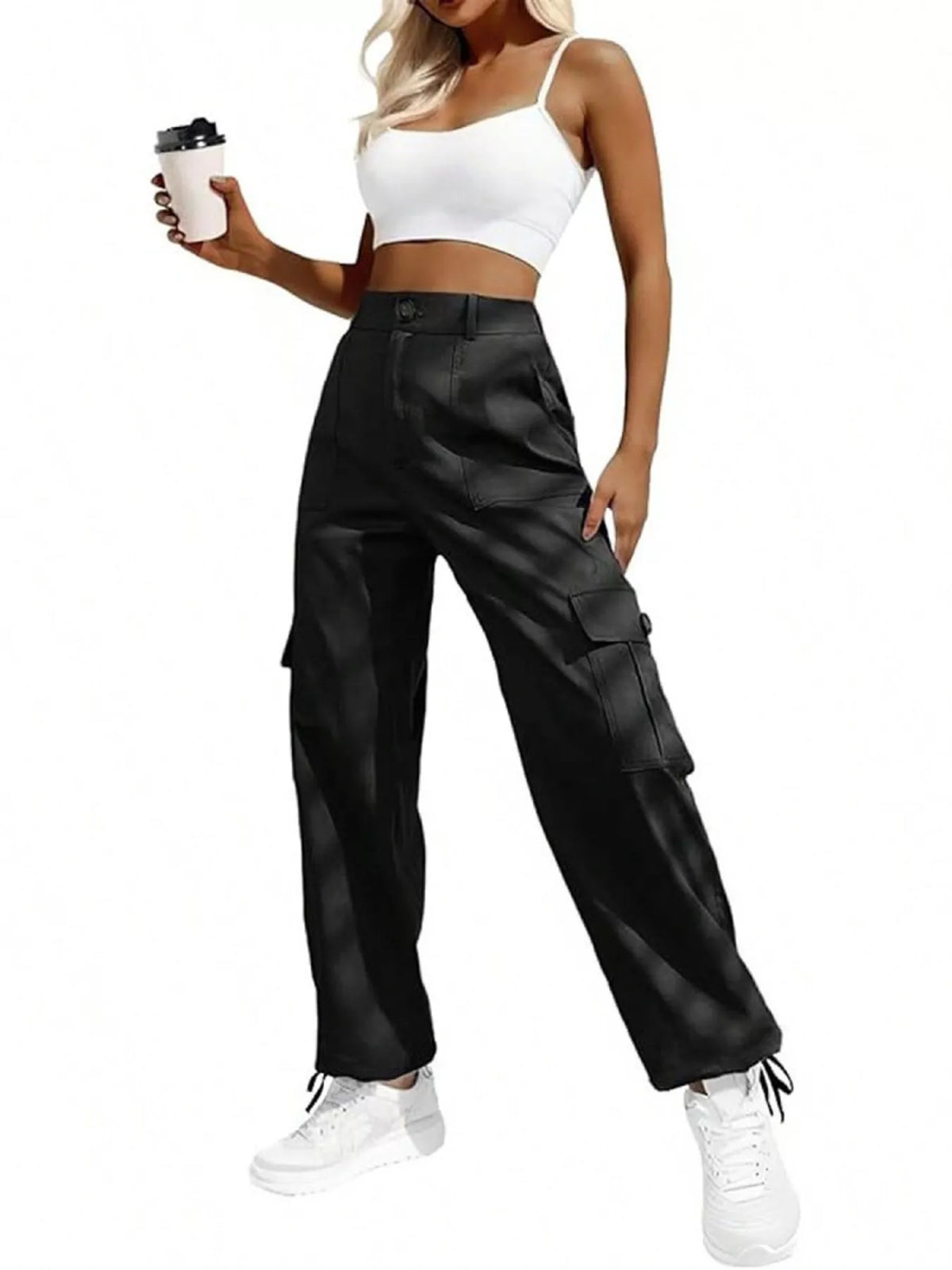 High-Waisted Cargo Pants with Drawstring Cuffs