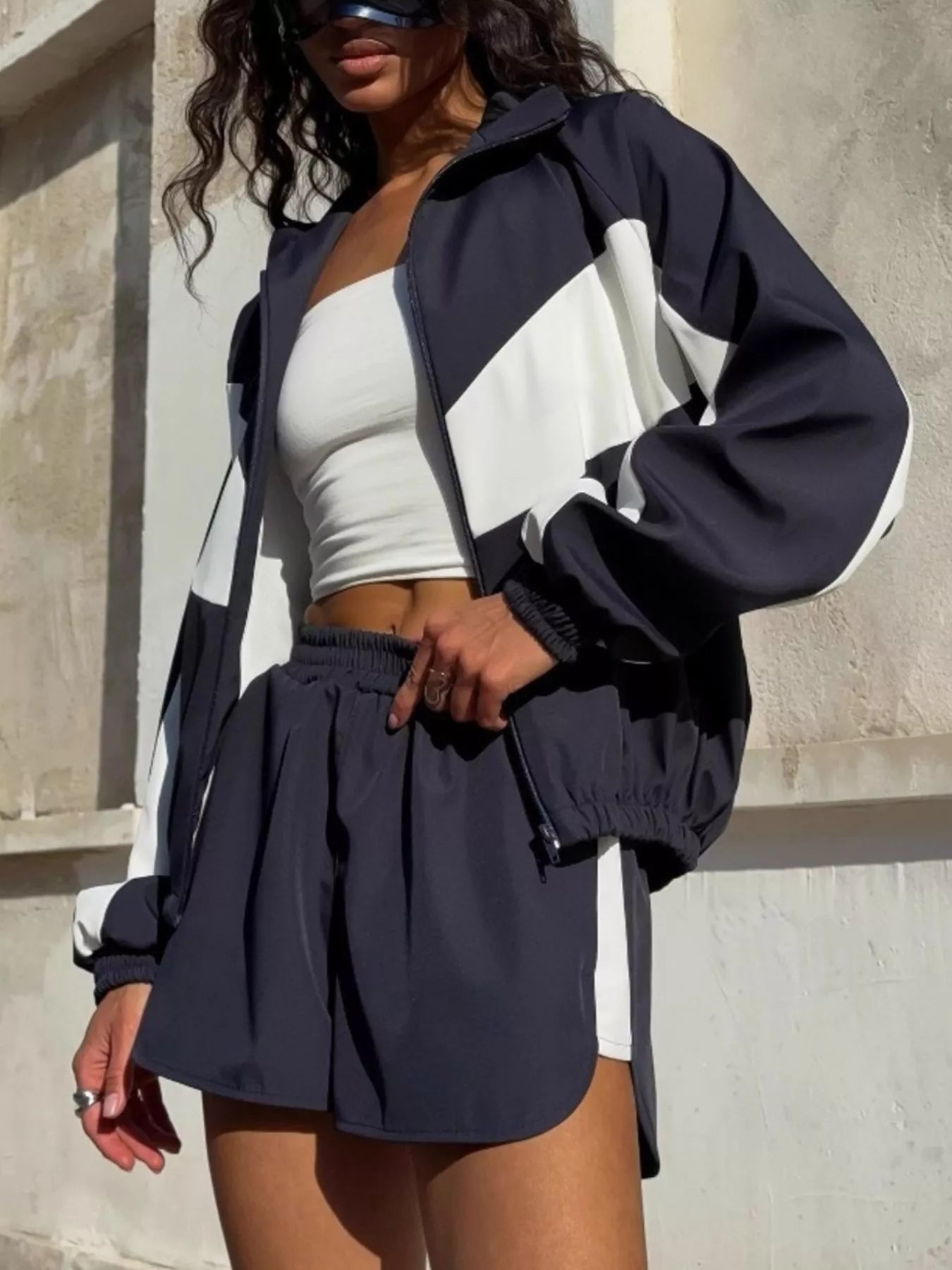 Color Block Zip Up Outerwear and Shorts Set