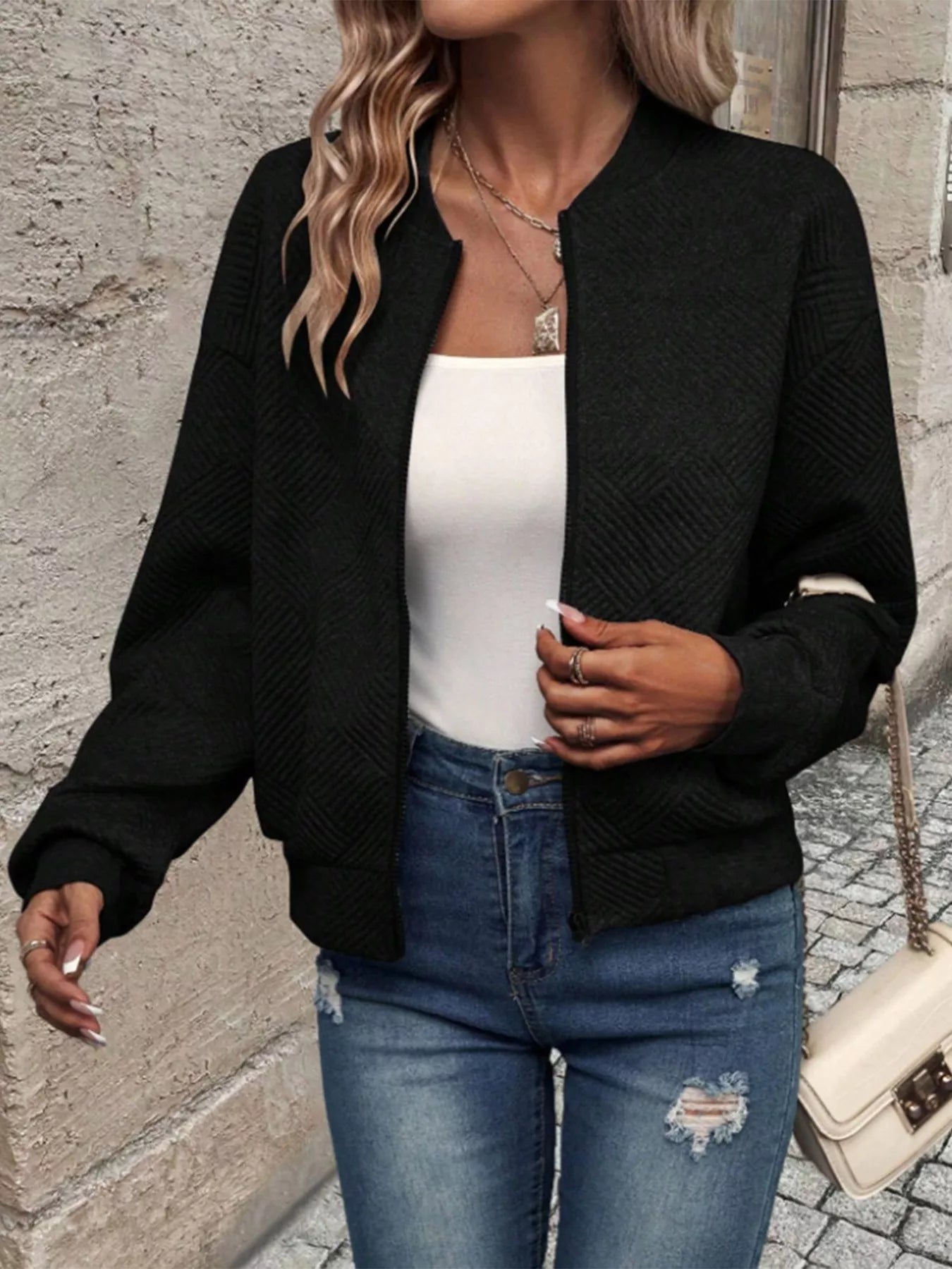 Textured Knit Zip-Up Jacket