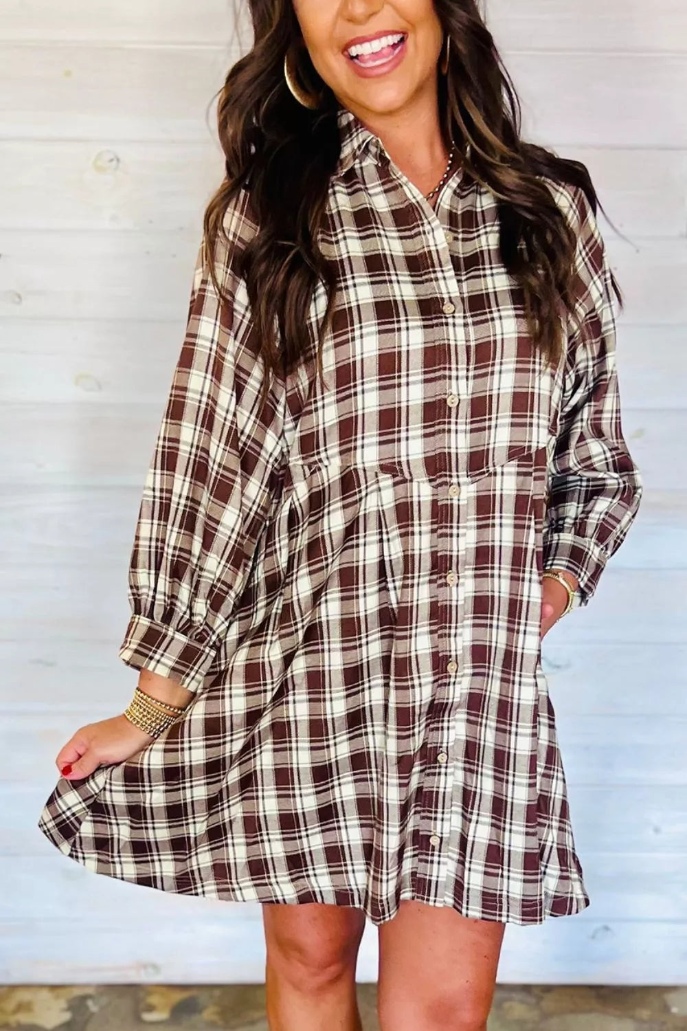 Plaid Long Sleeve Short Shift Mini Dress