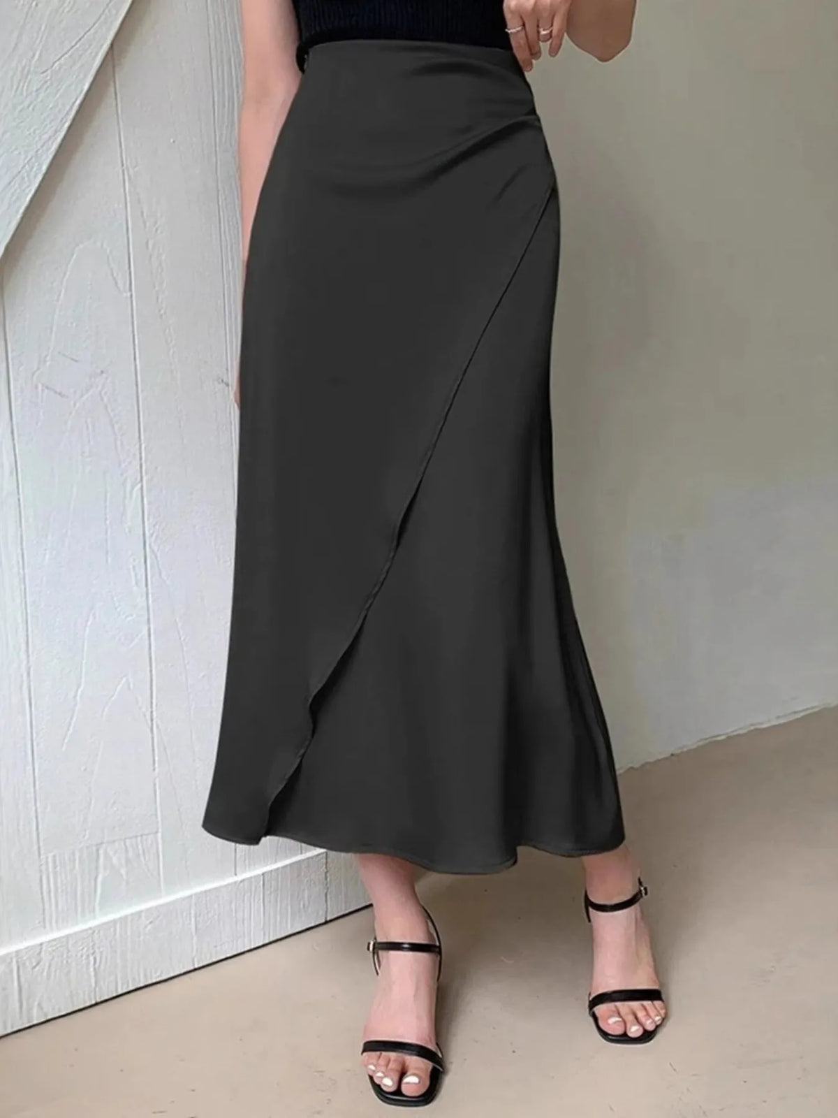 Asymmetric Wrap Midi Skirt with Fluted Hem