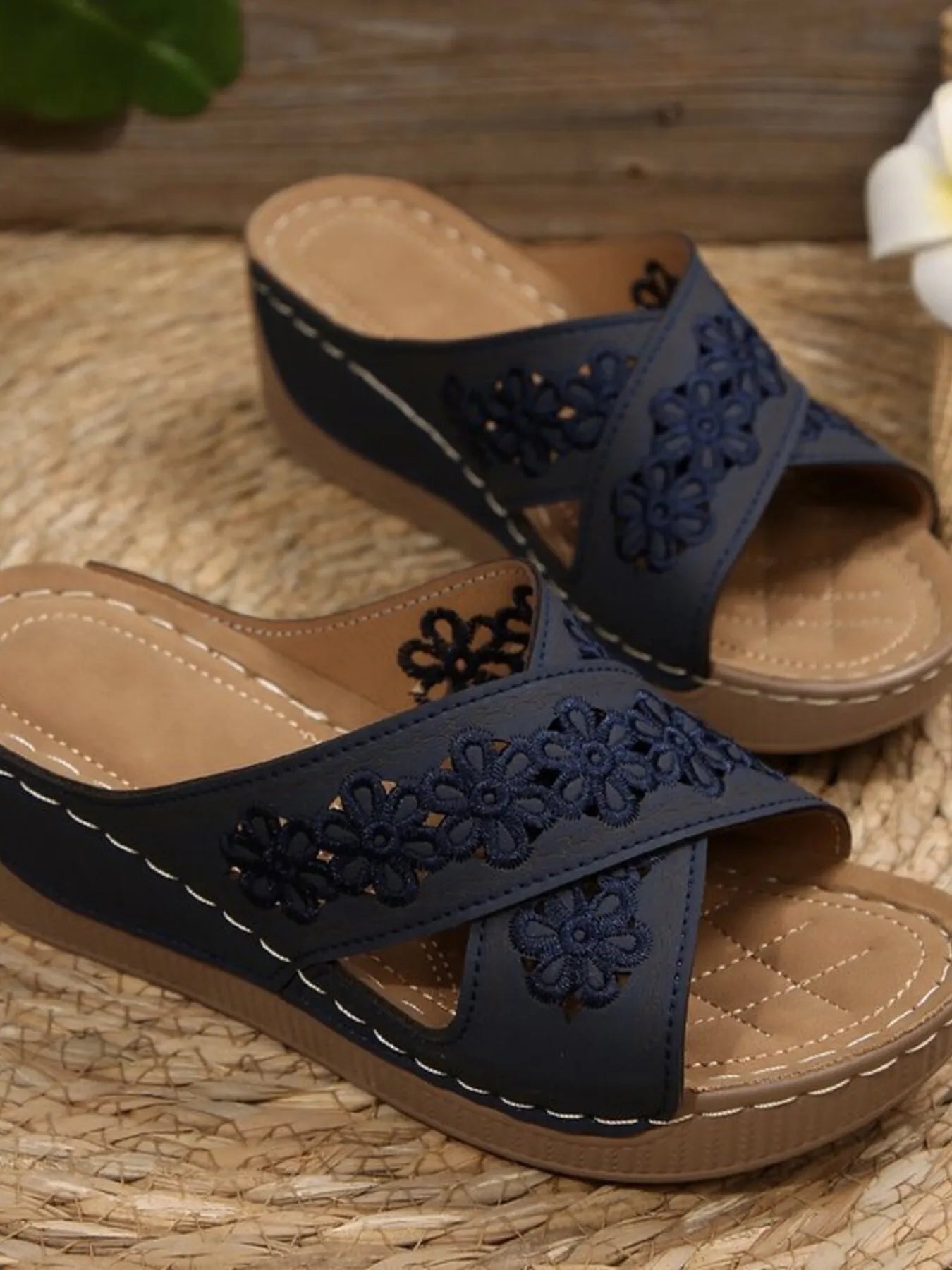 Crisscross Flower Wedge Sandals