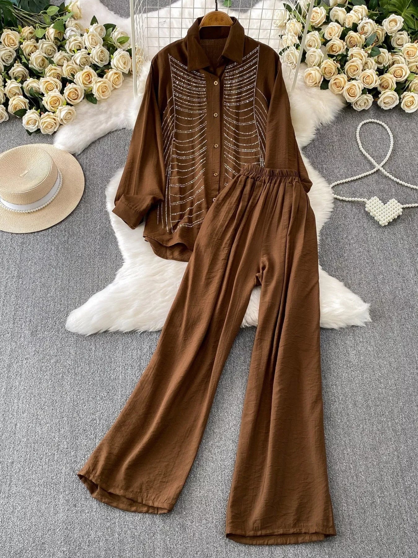 Rhinestone Button Up Shirt and Pants Set
