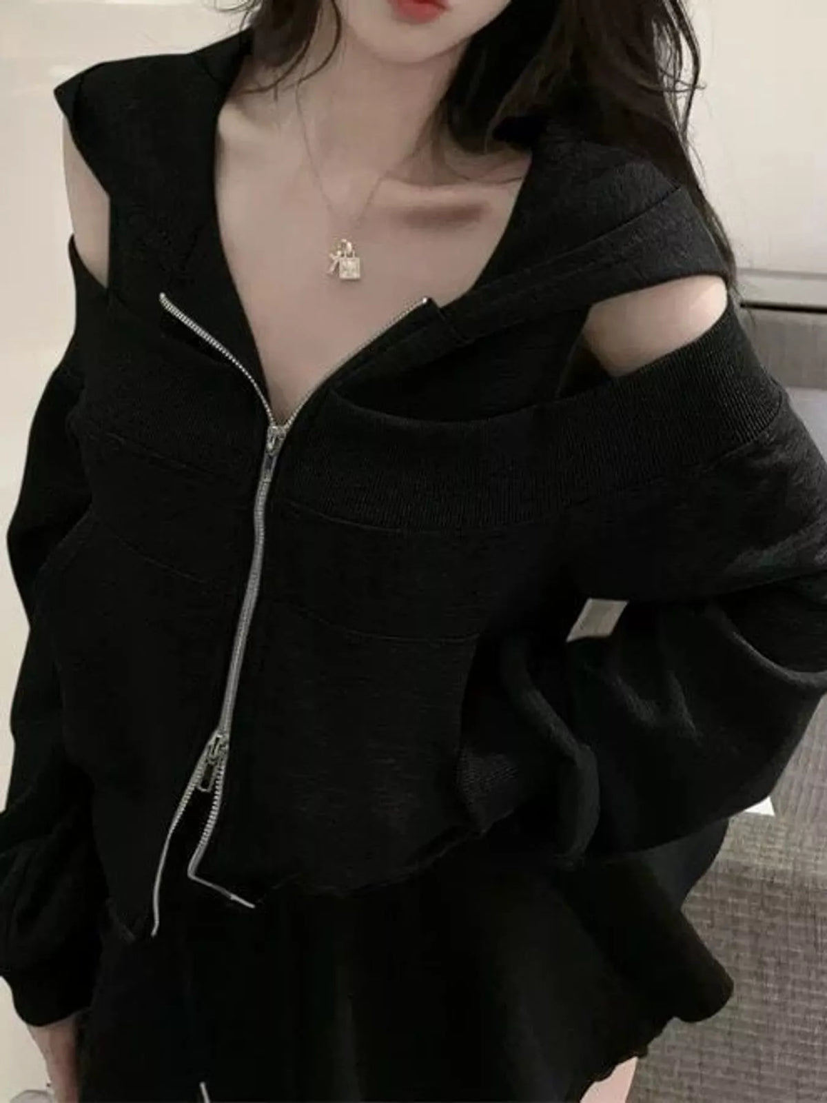 Cold Shoulder Zip-Up Hoodie