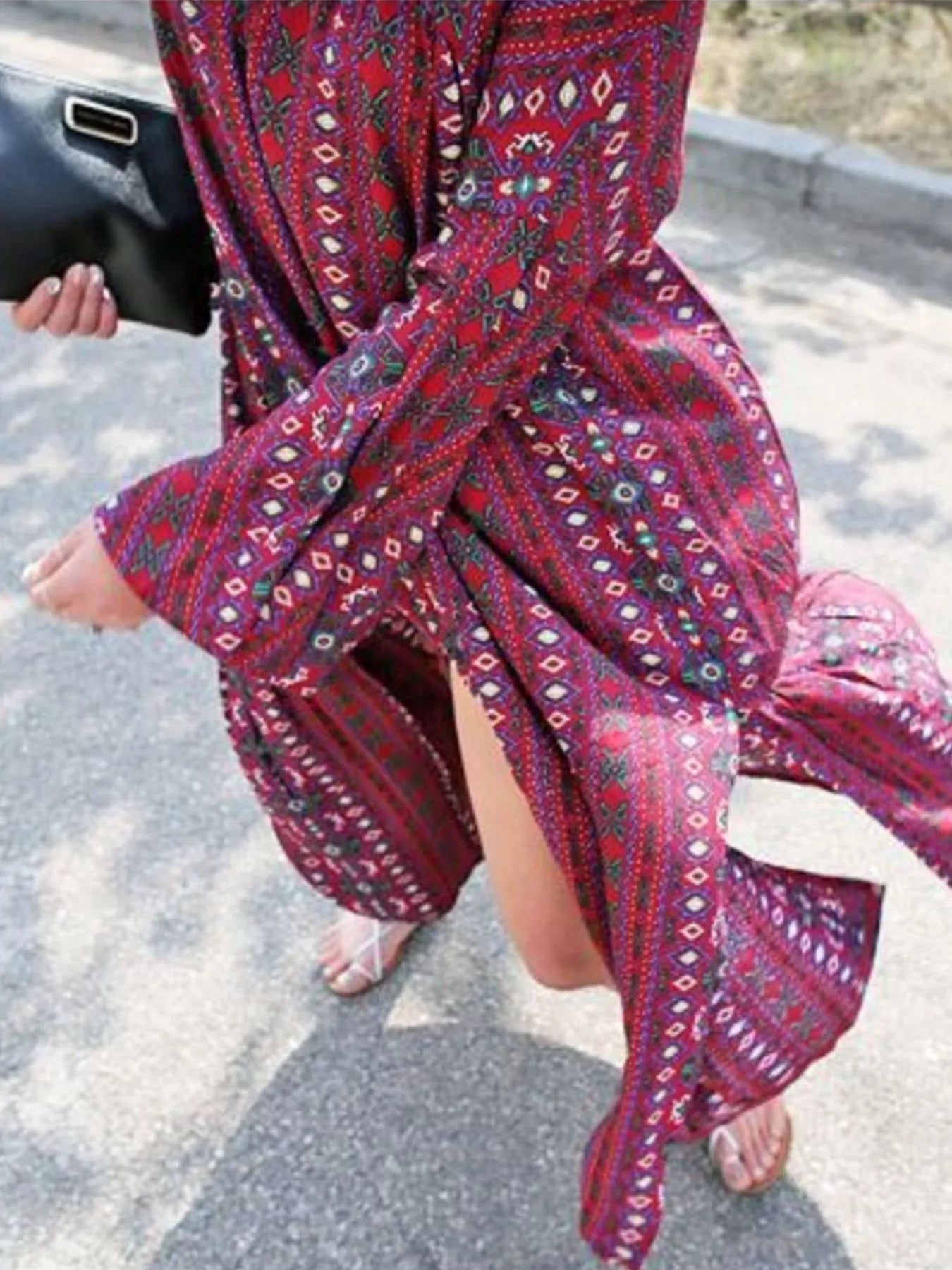 Bohemian Print Midi Dress with Side Slits