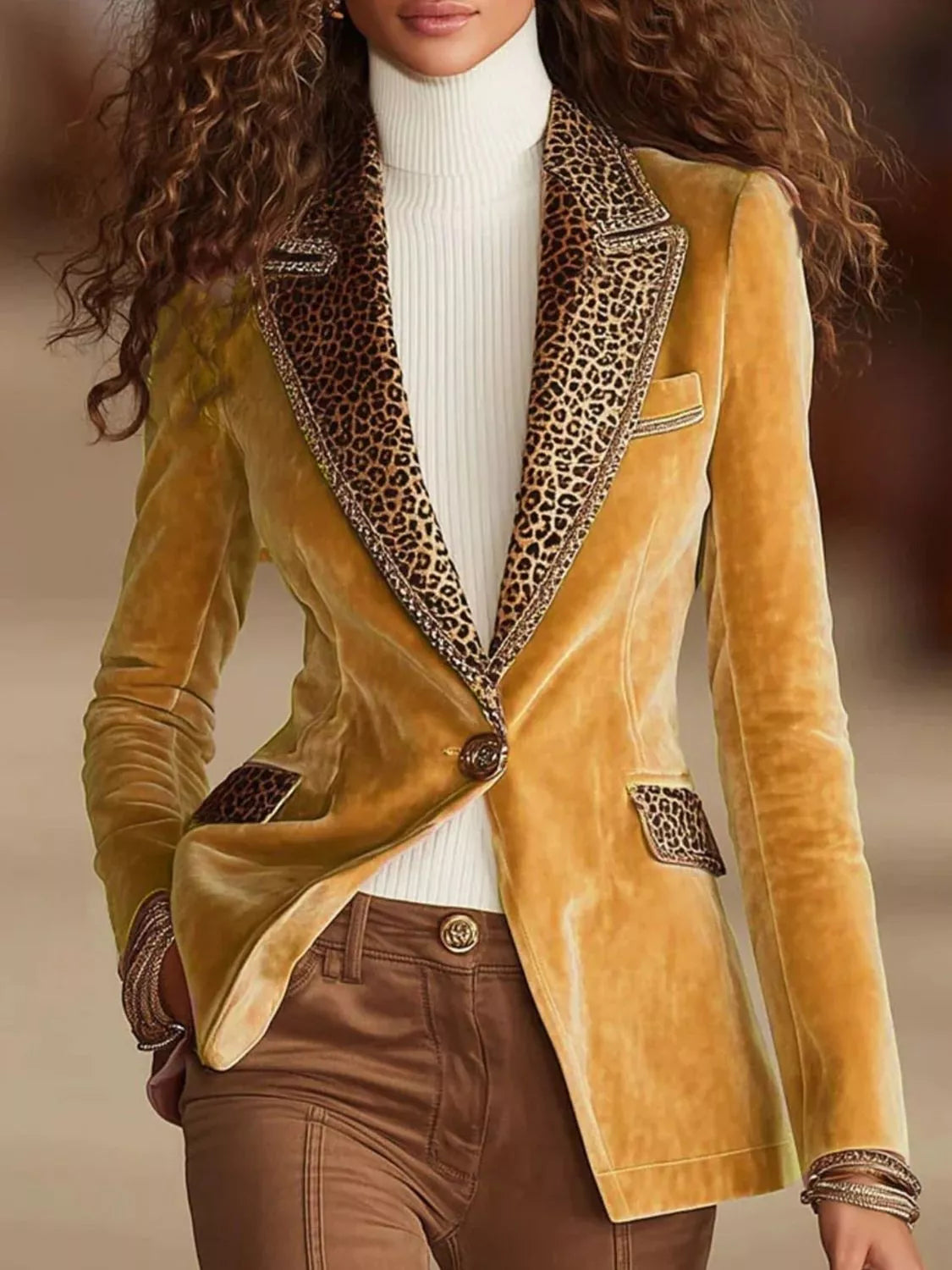 Full Size Leopard Collar One Button Blazer Plus Size