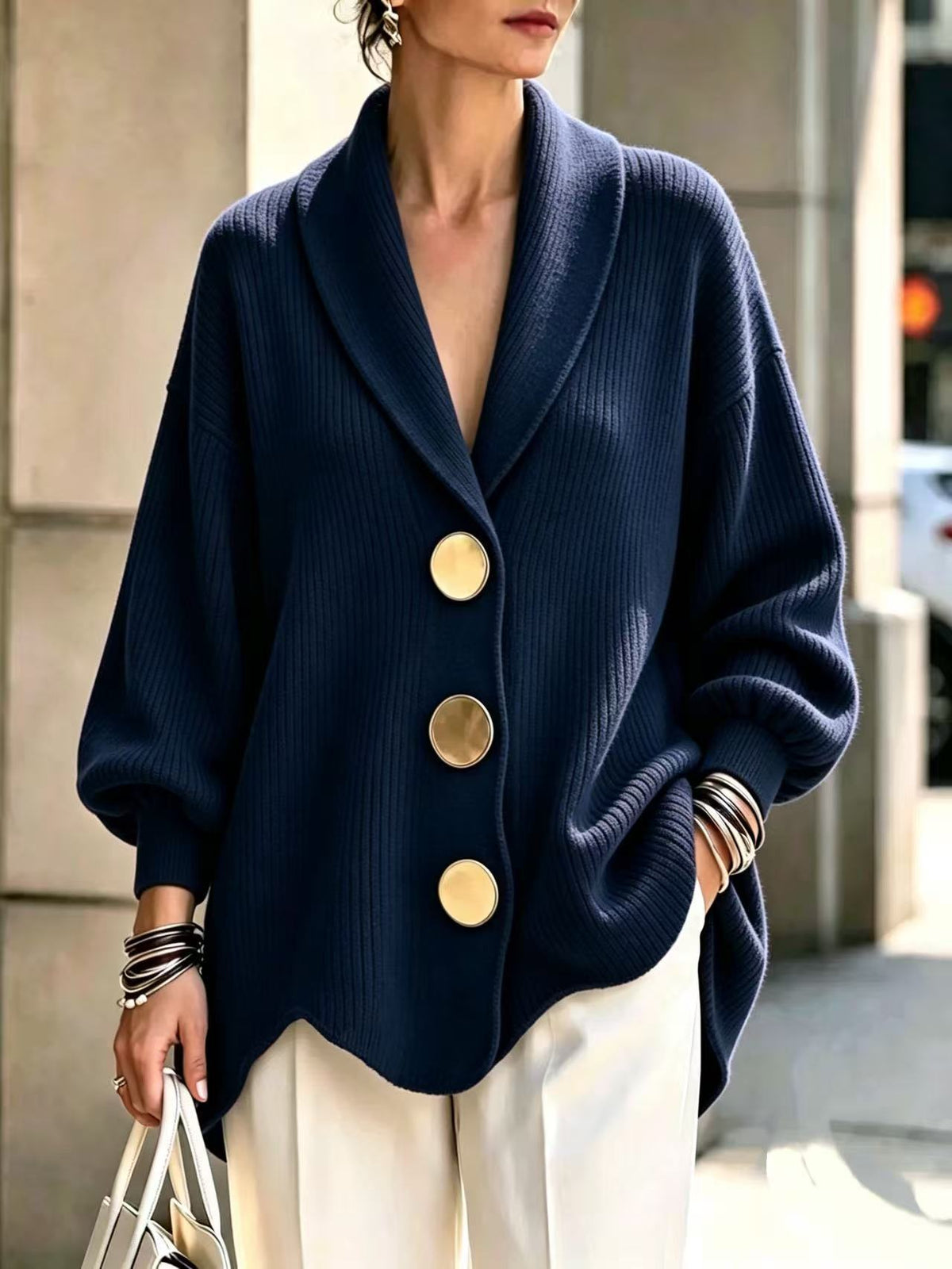 Women's Corduroy Long-Sleeve Top with Metal Buttons